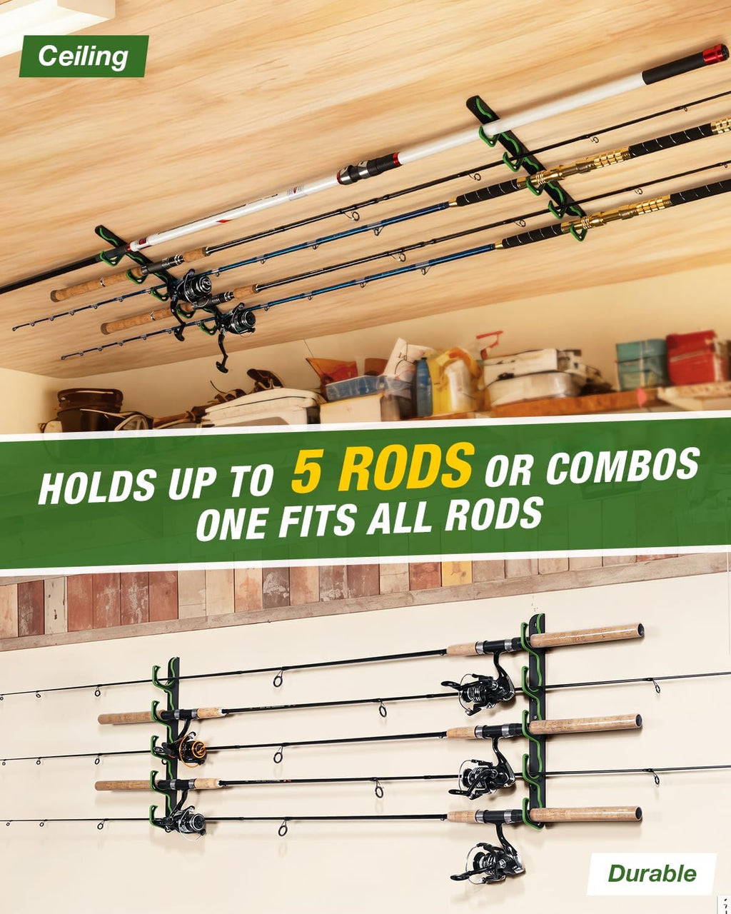 Ghosthorn Fishing Rod Rack,Wall or Ceiling Mounted Pole Holder Garage