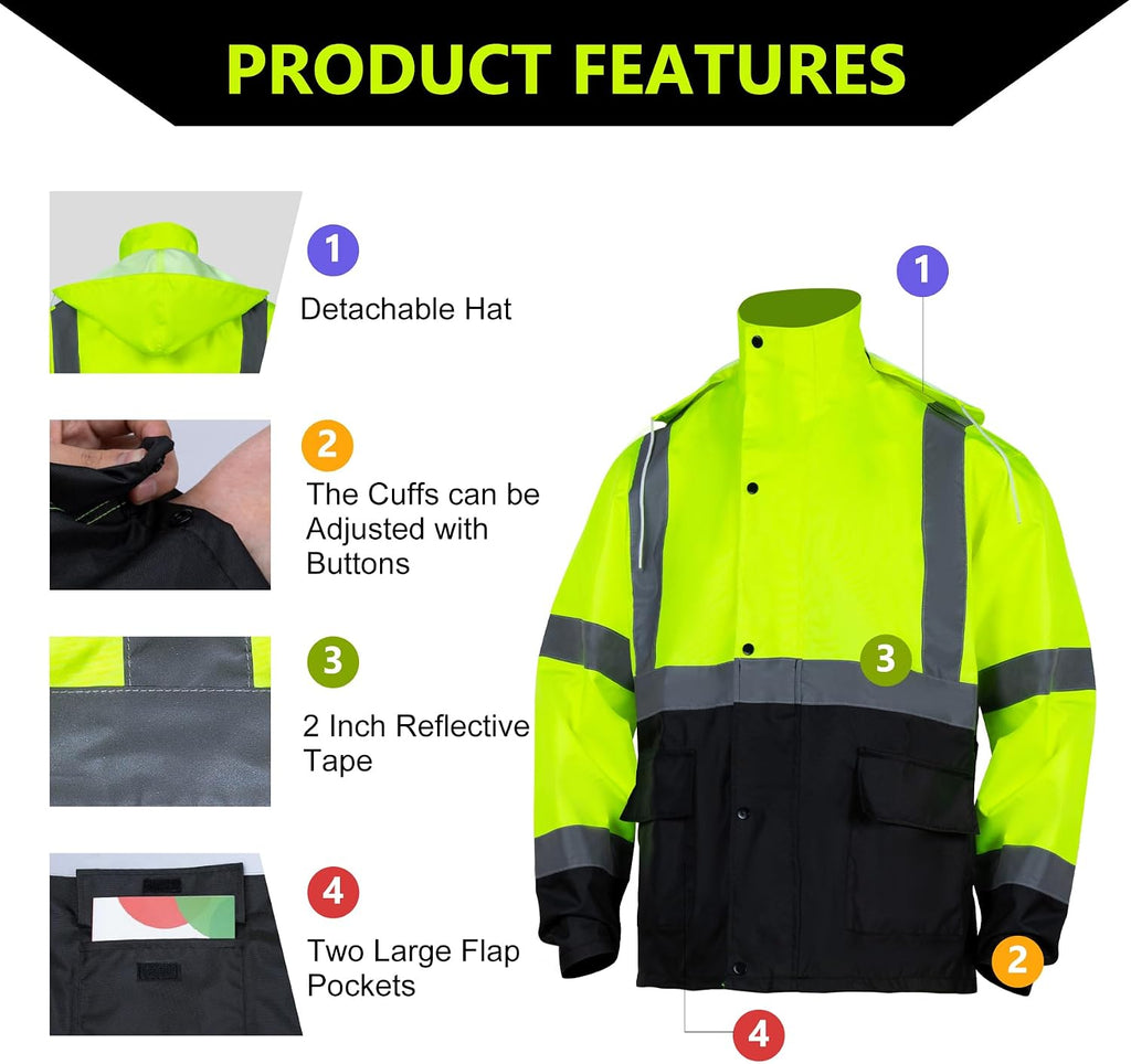 Class 3 High Visibility Rain Suit With Detachable Hood Waterproof Lime Reflective Safety Worker Jacket & Pants (L/XL Yellow)