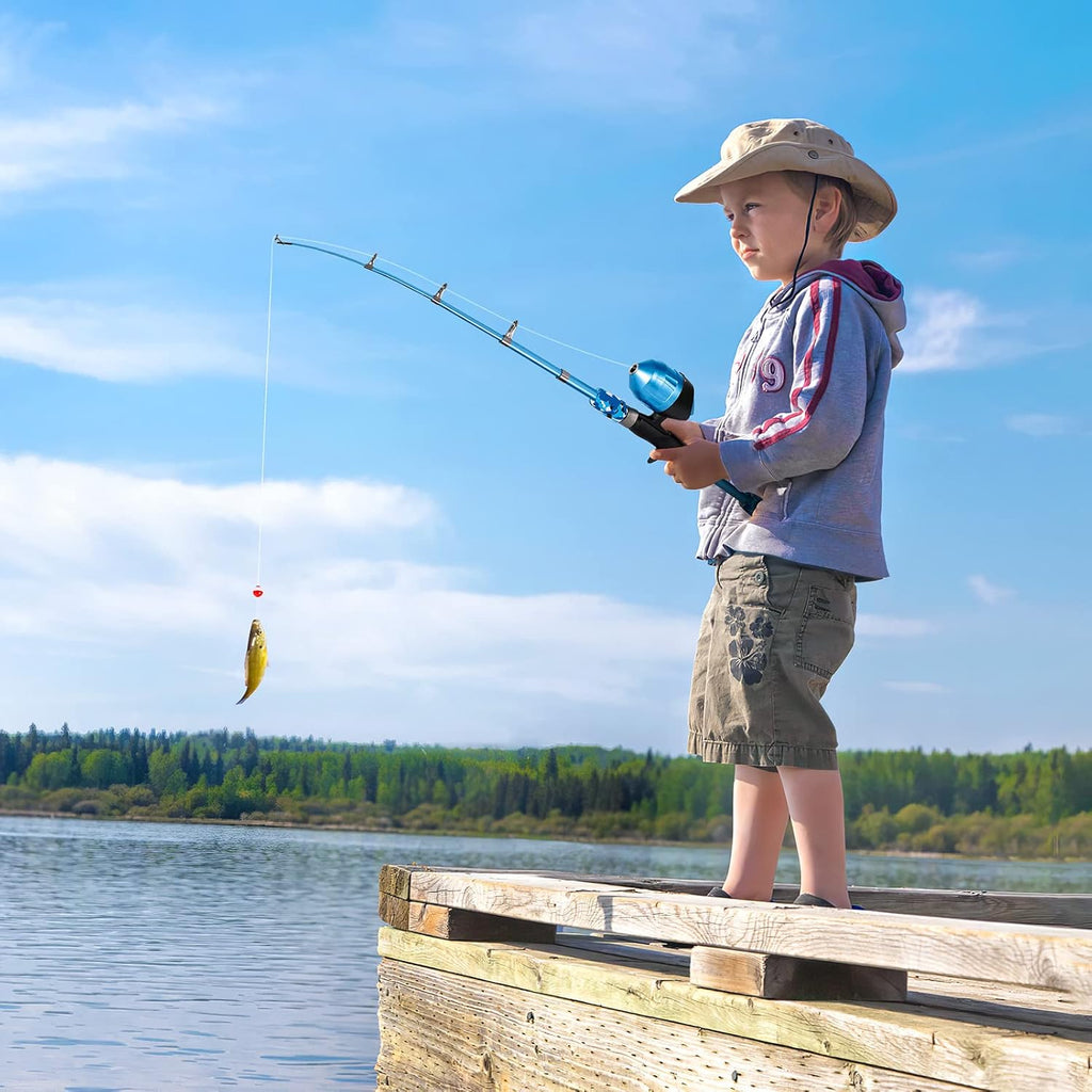 PLUSINNO Kids Fishing Pole with Spincast Reel Telescopic Fishing Rod Combo Full Kits for Boys, Girls, and Adults