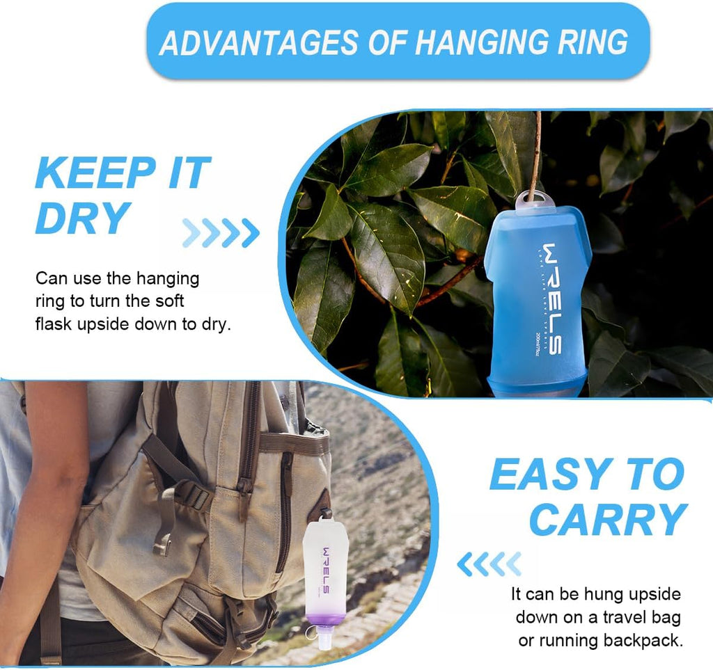 WRELS 200ml/350ml/500ml Collapsible Soft Flask,BPA Free Folding Soft Water Bottle with Hanging Ring,Lightweight TPU Hydration Flask for Running Marathon Cycling Hiking(350ml-2 Packs)