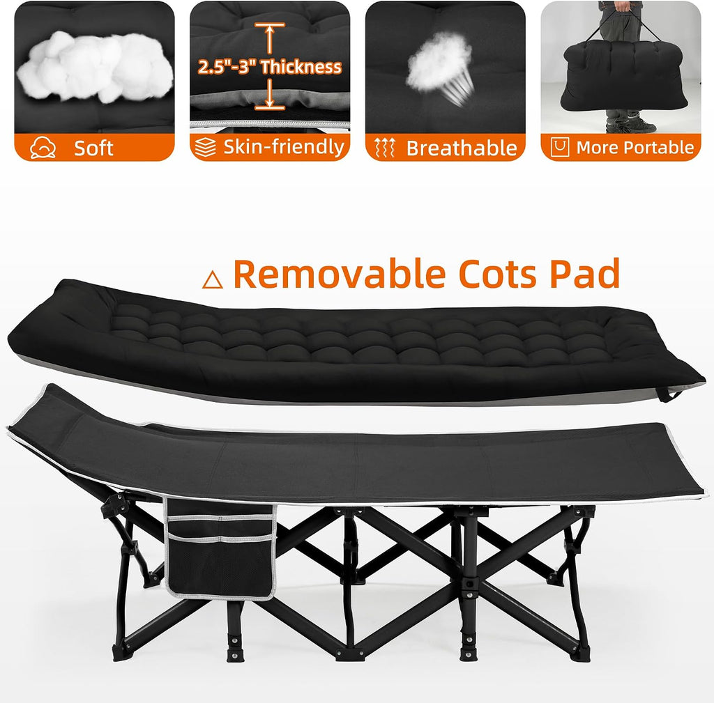 Fragess Portable Camping Cot, Sleeping Cots for Adults, 28" Extra Wide Heavy Duty Folding Cot Max Load 600LBS with Thick Mattress, Portable Camping Bed for Outdoor Camp/Office, Home Nap (Black)