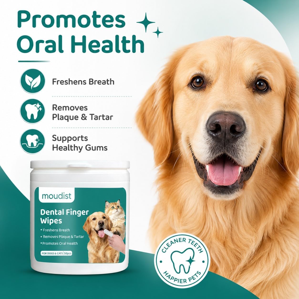Dental Finger Wipes for Dogs & Cats, 50 Count, Pet Teeth Cleaning Wipes, Helps Remove Plaque & Tartar, Freshens Breath, Daily Oral Care