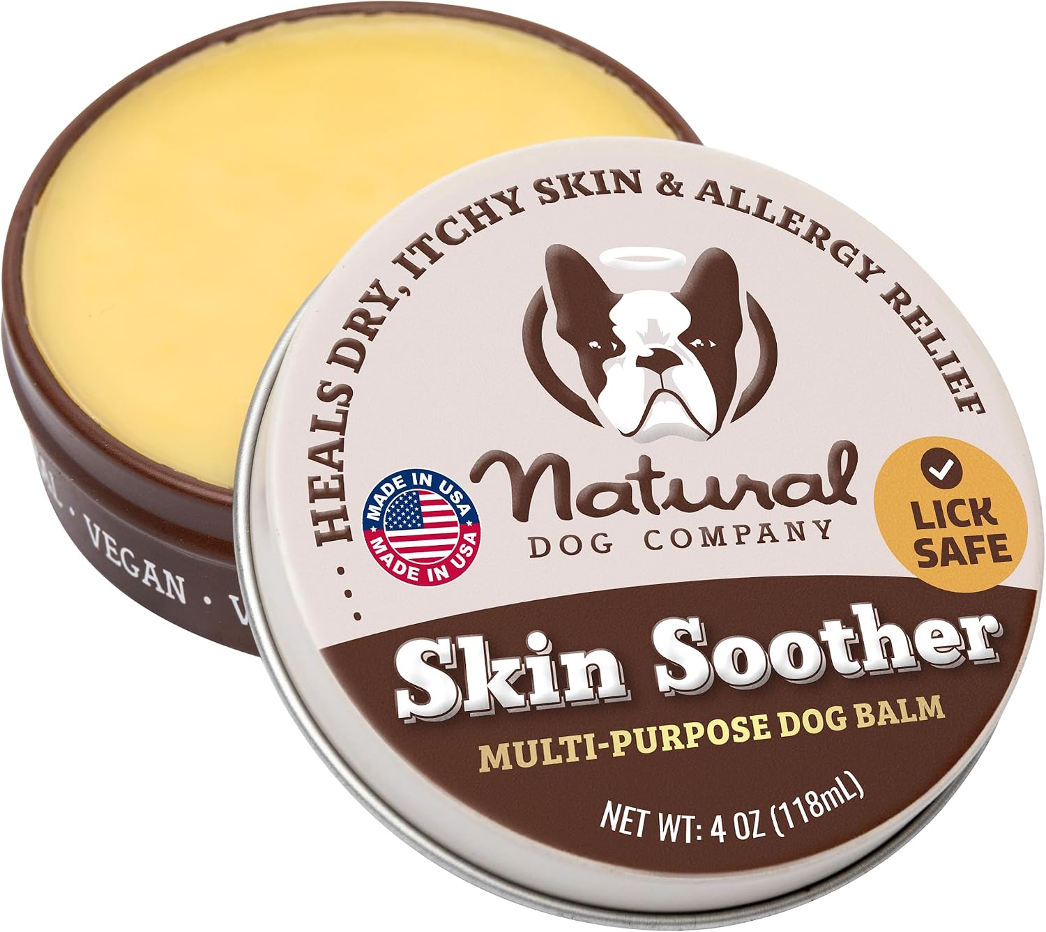 Natural Dog Company Skin Soother Dog Balm, 4 oz Tin, Allergy Season Skin Care for Dry, Itchy & Irritated Skin with Organic Coconut Oil & Vitamin E, for Dogs Prone to Hot Spots & Rough Patches