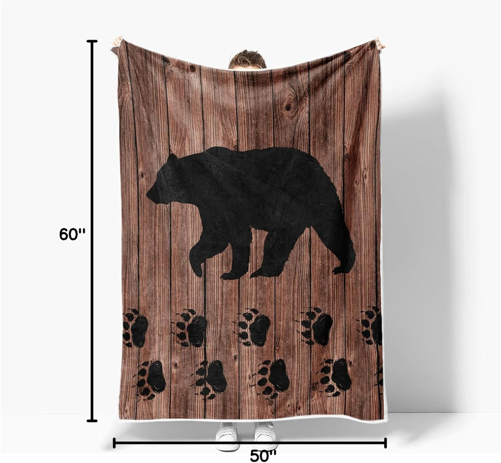 Torich Cabin Bear Throw Blankets, Rustic Lodge Brown Wooden Country Hunting Wild Animal Cozy Warm Bed Couch Blanket, White Fleece Flannel Throws to Decorate The Room and Bedroom Travel
