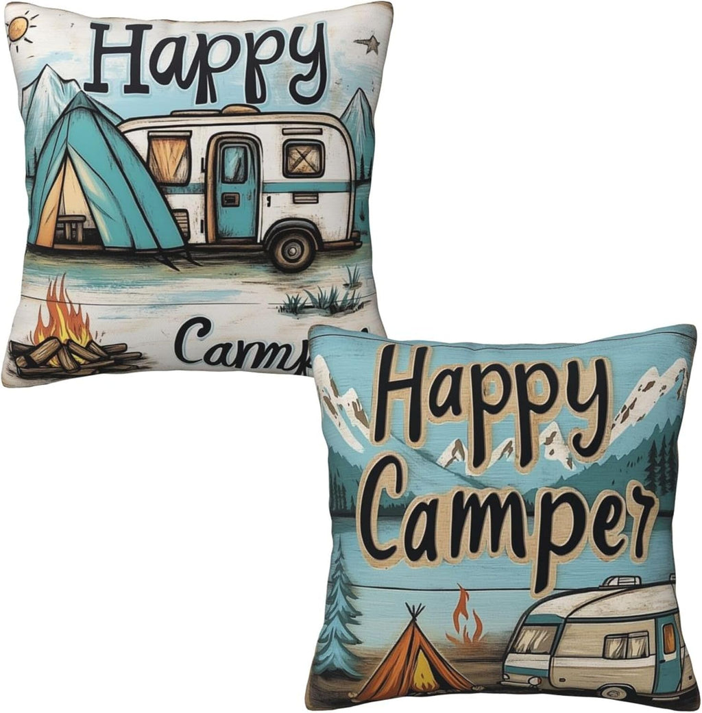 Happy Camping Throw Pillow Covers 18x18 inch Set of 2 Pillow Case Cushion Cover for Home Sofa Couch Living Room Car Decor