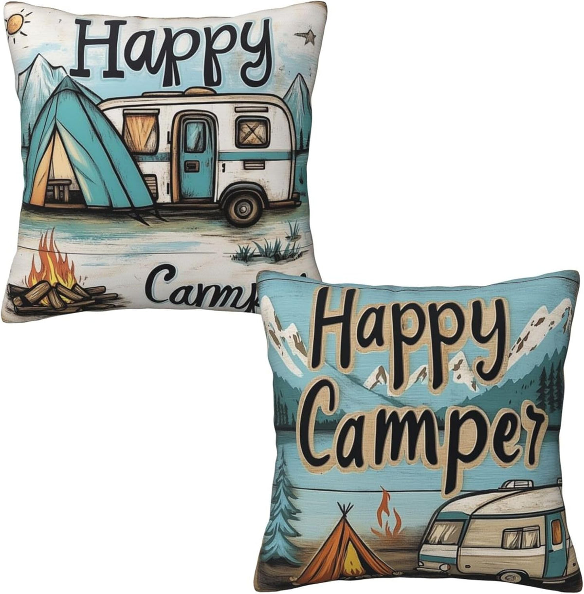 Happy Camping Throw Pillow Covers 18x18 inch Set of 2 Pillow Case Cushion Cover for Home Sofa Couch Living Room Car Decor