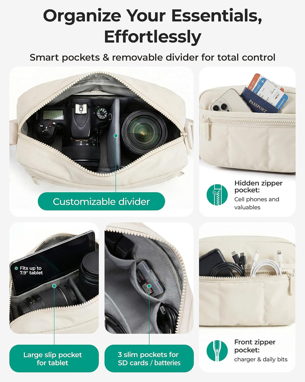 BAGSMART 2 in 1 Small Puffy Camera Sling Bag, Beige