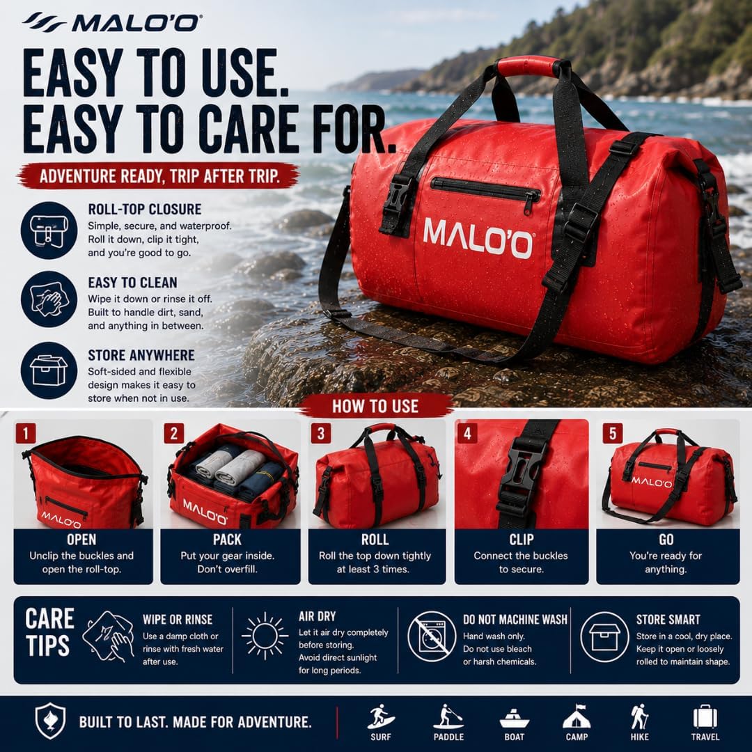 Malo’o Waterproof Dry Duffel, Heavy-Duty Roll Top Waterproof Gear Bag with Shoulder Strap & Molle Loops, Marine Duffel for Kayaking, Boating, Camping, Beach & Travel, Dark Green, 40L