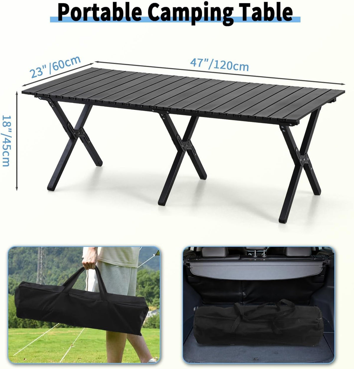 4Ft Aluminum Folding Camping Table, Portable Picnic Table, Outdoor Lightweight Collapsible Camp Table, Roll-up Camping Table for Beach,Party, Patio, BBQ, Travel, Backyard (Black Upgraded Version)