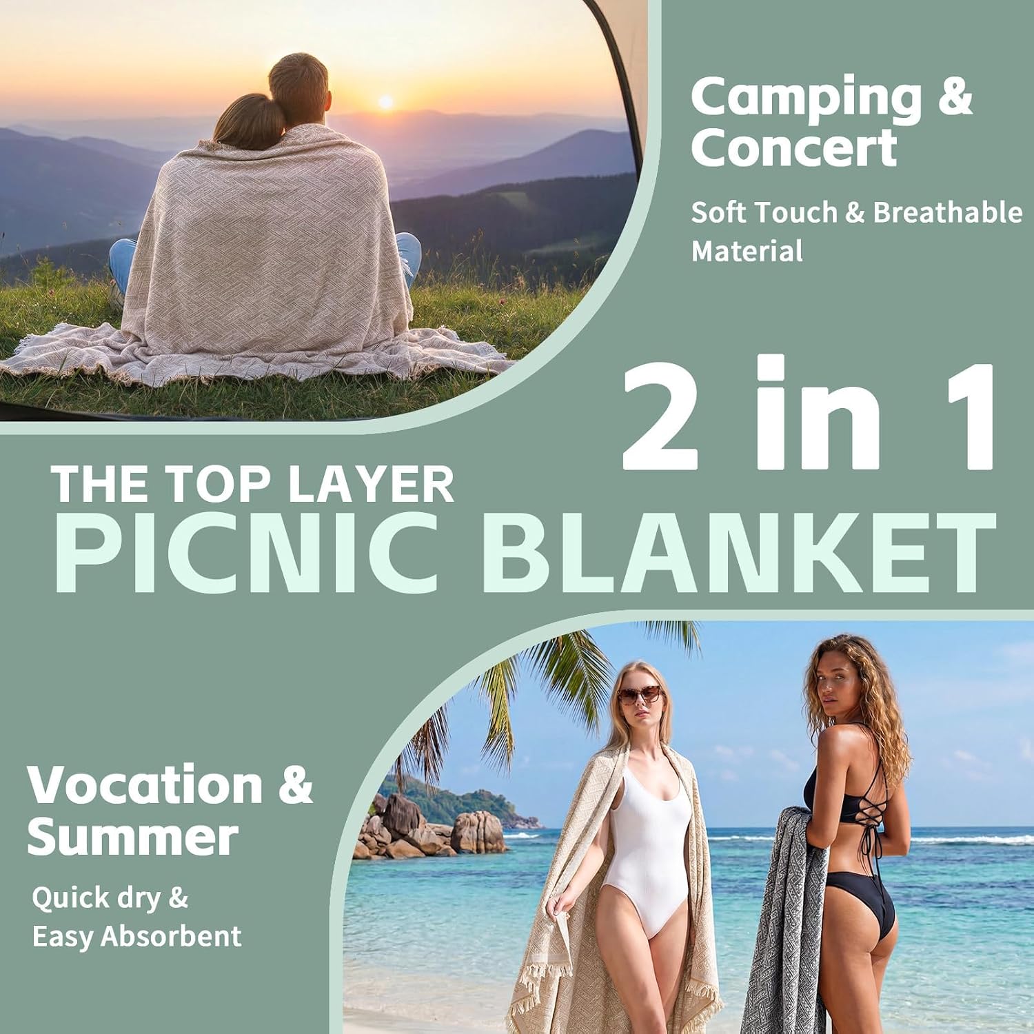 RYCHIC 2 in 1 Extra Large Boho Beach Blanket Towel Sand Free Outdoor Rug Picnic Mat Giant Oversized XL Jumbo Turkish Woven Throw Summer Vacation Essential Travel Must Have Accessories Women Gift