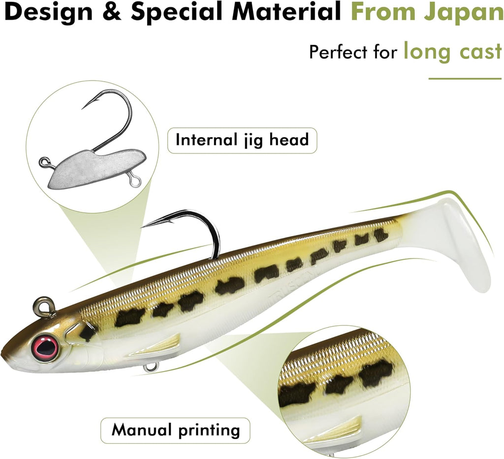 TRUSCEND Shadtale Easy Catch Soft Fishing Lures with BKK Hooks - Trembly Sinking and Vibrating Swim for More Bites, Pre-Rigged Swimbaits for Bass, Trout, Crappie, Walleye, Freshwater Saltwater Fishing