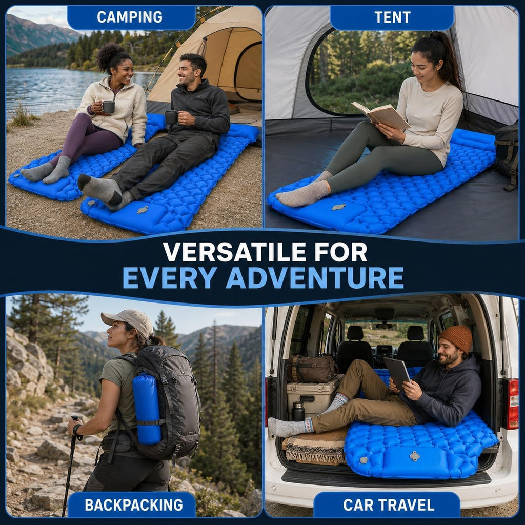 Camping Sleeping Pad, Ultralight Camping Mat with Pillow, Built-in Foot Pump Inflatable Sleeping Pads Compact for Camping Backpacking Hiking Traveling Tent - Blue