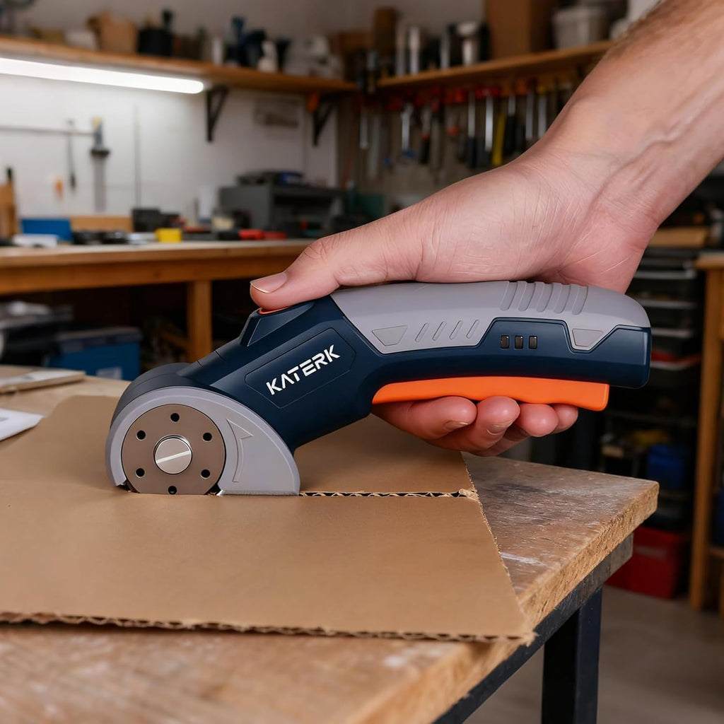 Electric Box Cutter, Katerk Cordless Electric Scissors with Safety Lock & LED Light, Cardboard Cutter, Ambidextrous Use, Rotary Cutter for Fabric, Leather, Plastic, Crafting