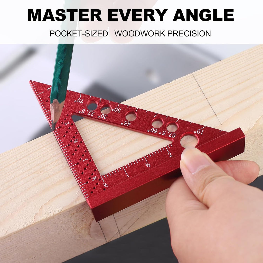 Carpenter Square, Small Triangle Square, 90 Degree Small Square Ruler, Woodworking Measuring Tool with Fixed Miter Angle Pin (Red)
