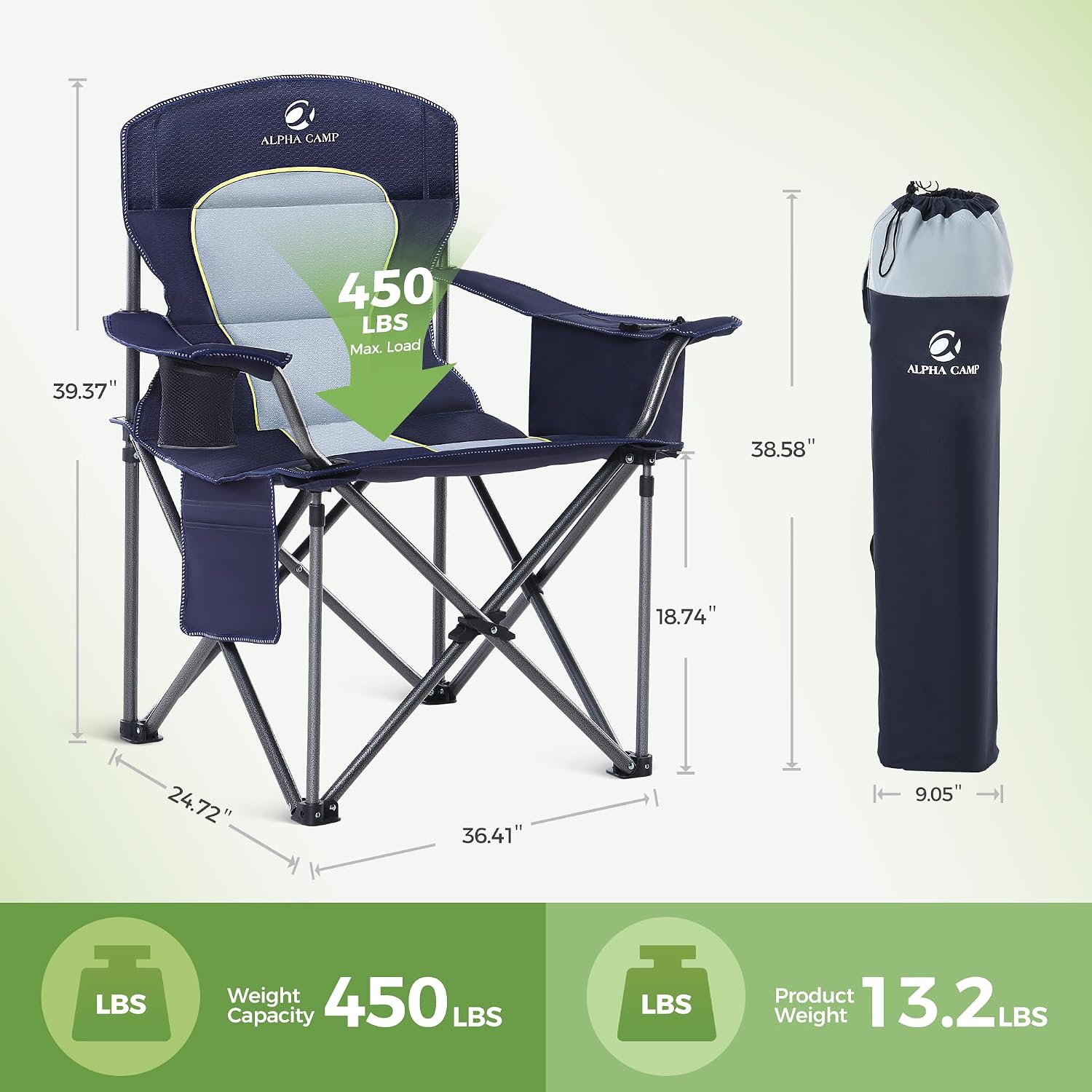LET'S CAMP Folding Camping Chair Oversized Heavy Duty Padded Outdoor Chair