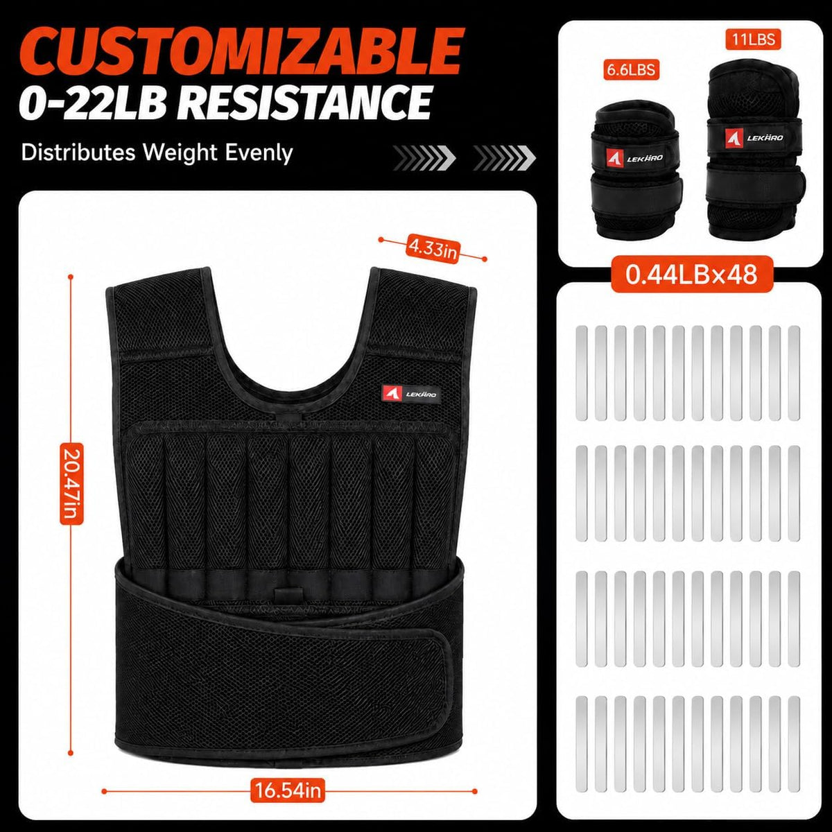 44lbs Adjustable Weighted Vest Set with Steel Plates, 5-Piece Workout Set Includes Wrist & Ankle Weights for Rucking, Walking, Running, Home Gym