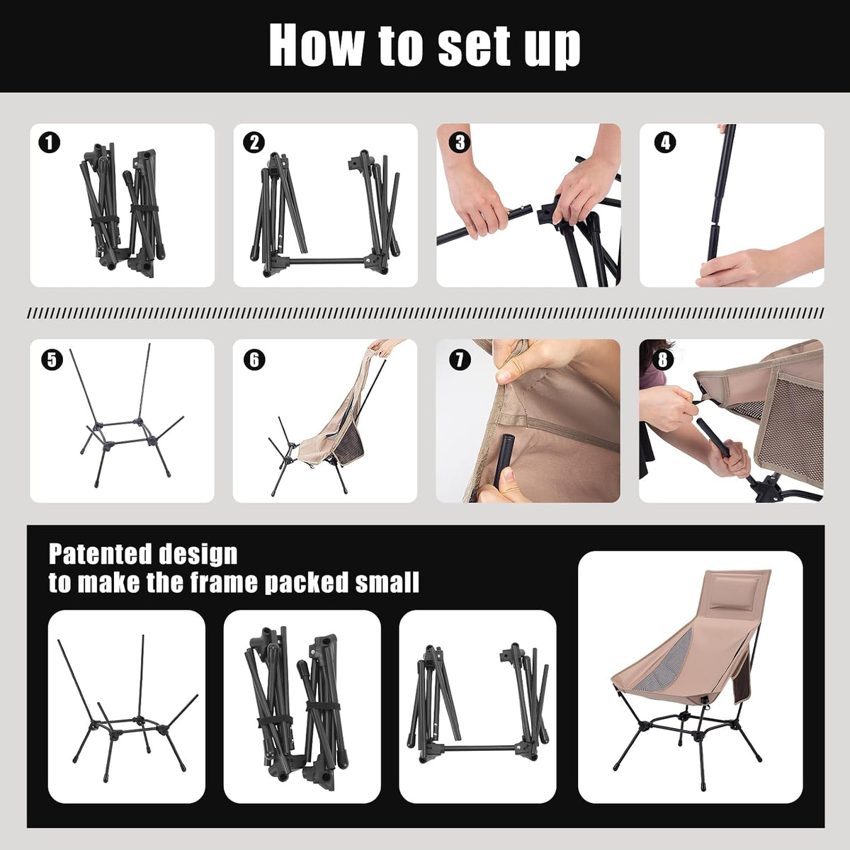 2 Pack High Back Camping Chair, 2-in-1 Height Adjustable, Heavy Duty