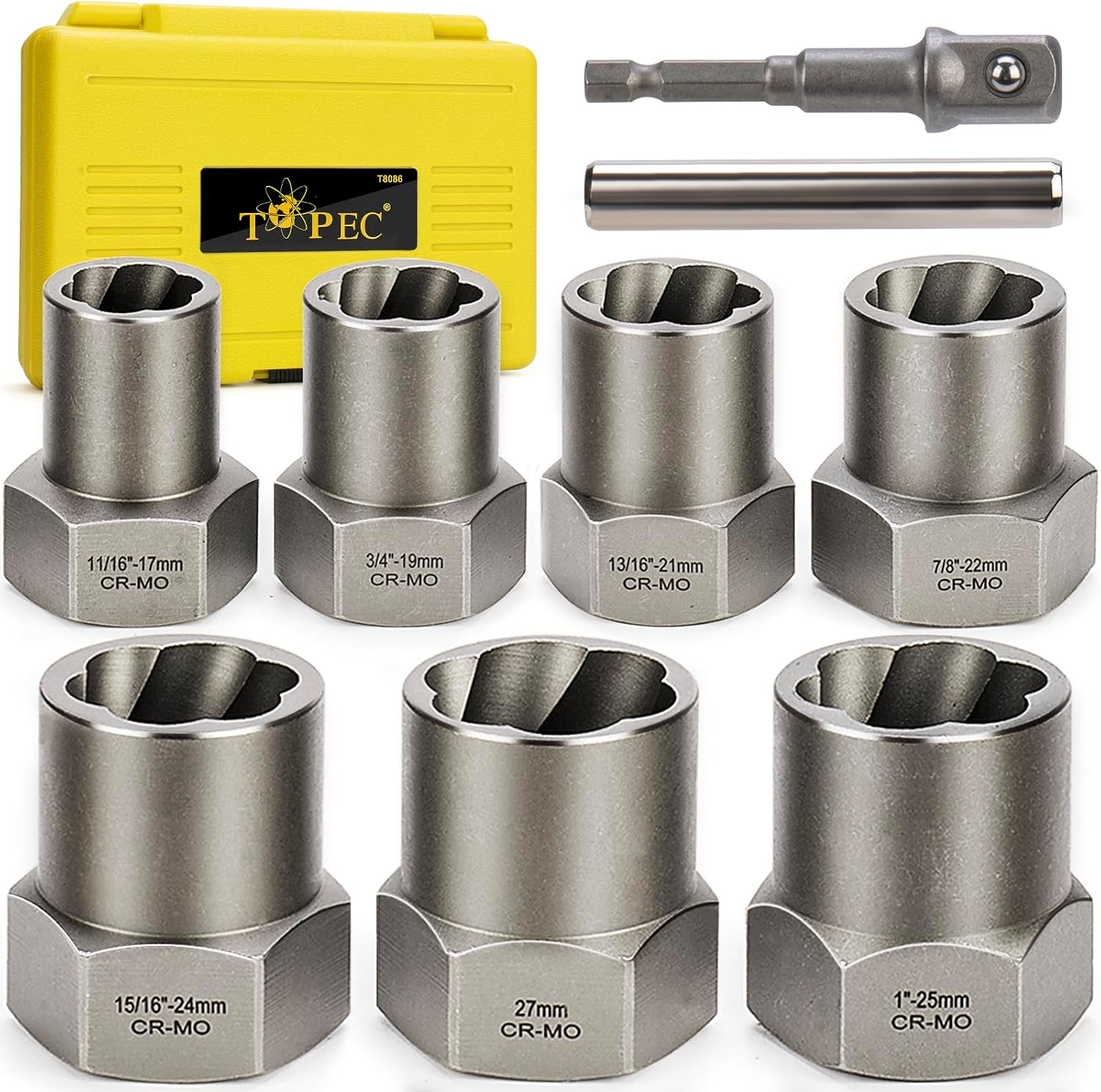Topec 13+1 Piece Impact Bolt & Nut Remover Set, 3/8" Drive Bolt Extractor Socket Set, 8mm-19mm Stripped Lug Nut Remover, Twist Socket for Damaged, Rusted, Rounded Fasteners