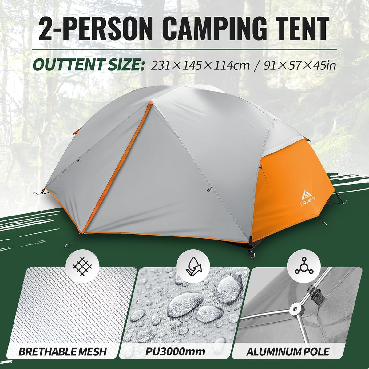 Forceatt Tent for 2 and 3 Person is Waterproof and Windproof, Camping Tent for 3 to 4 Seasons,Lightweight Aluminum Pole Backpacking Tent Can be Set Up Quickly,Great for Hiking