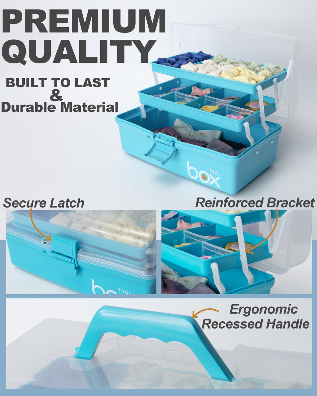 TERGOO 12in 3-Layer Plastic Craft Organizers and Storage, Portable Folding Tackle Box with Handle & Adjustable Dividers, Multipurpose Case for Sewing, Art Supplies, Medicine, Tools (Blue)