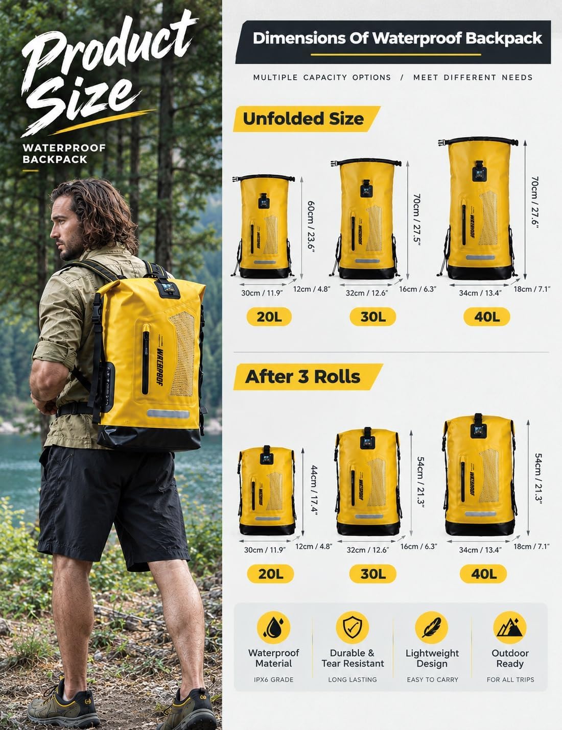 IDRYBAG Waterproof Backpack - 20L/30L/40L Floating Dry Bag for Men, Kayak