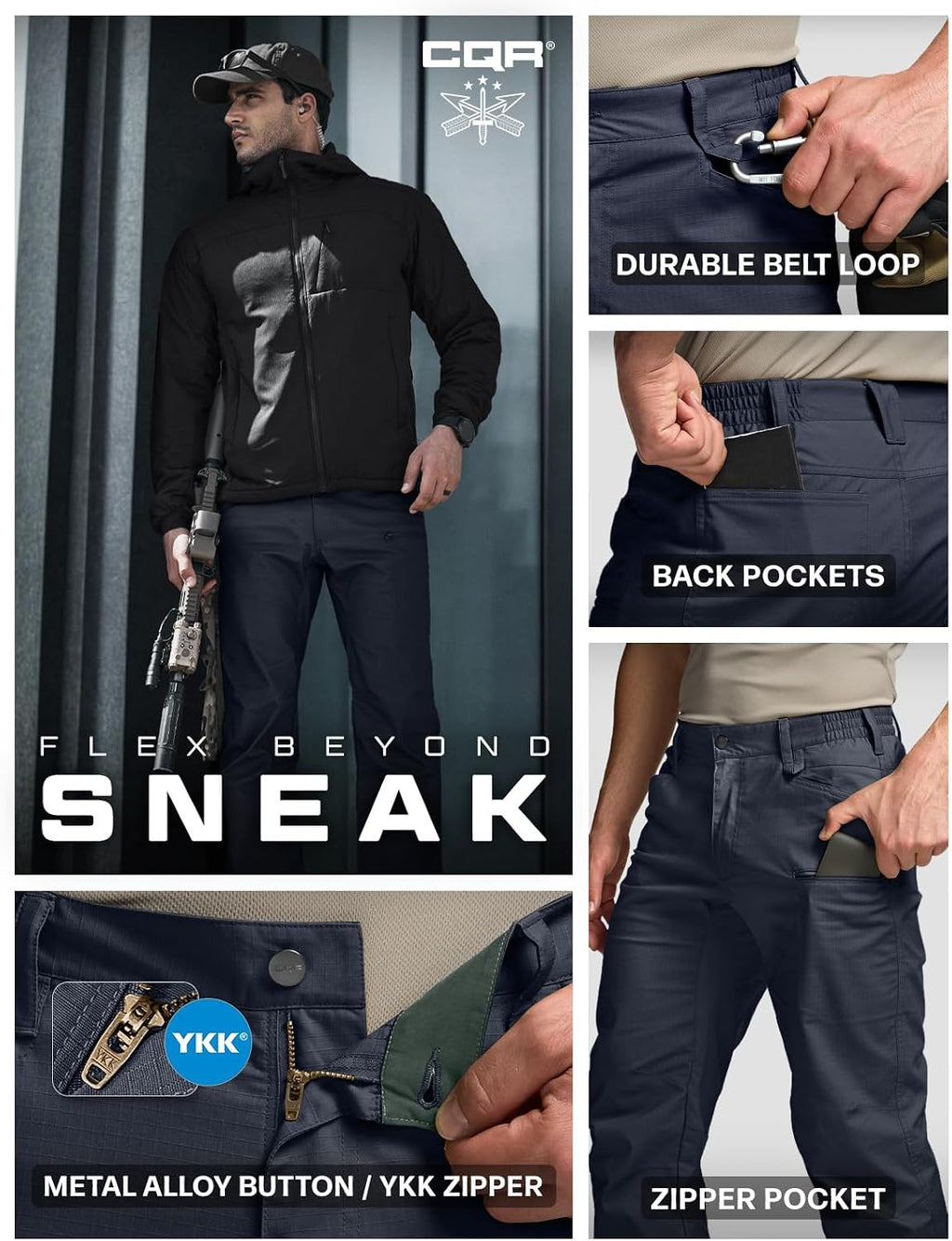 CQR Men's Flex Stretch Tactical Pants, Water Resistant Ripstop Cargo Pants, Lightweight EDC Outdoor Work Hiking Pants