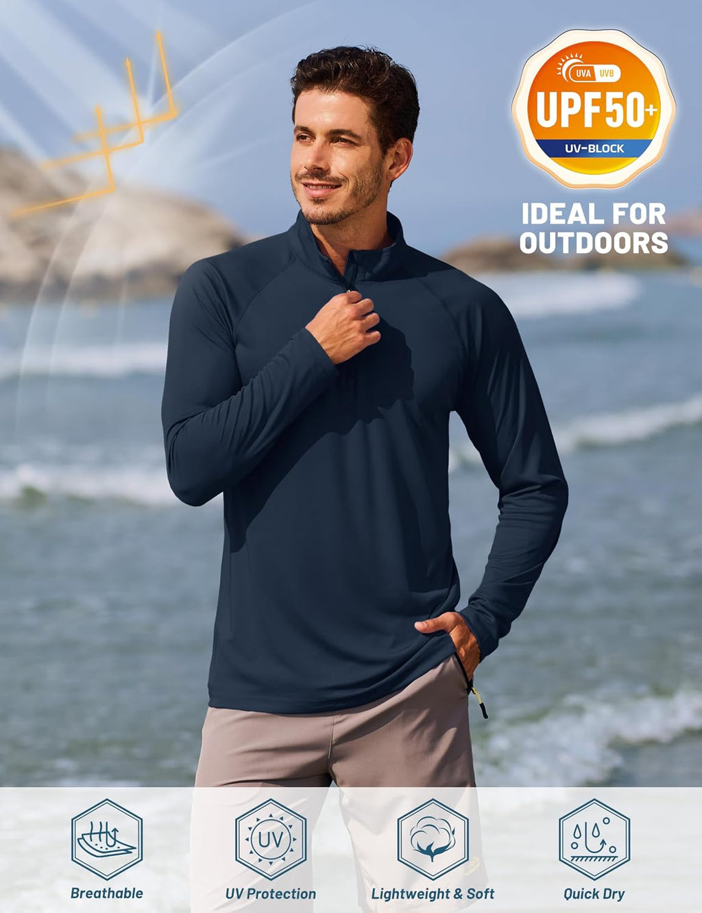 TACVASEN Men's Long Sleeve Athletic Shirts 1/4 Pullover Zip Sun Protection Rash Guard UPF 50+ Outdoor Running T-Shirts