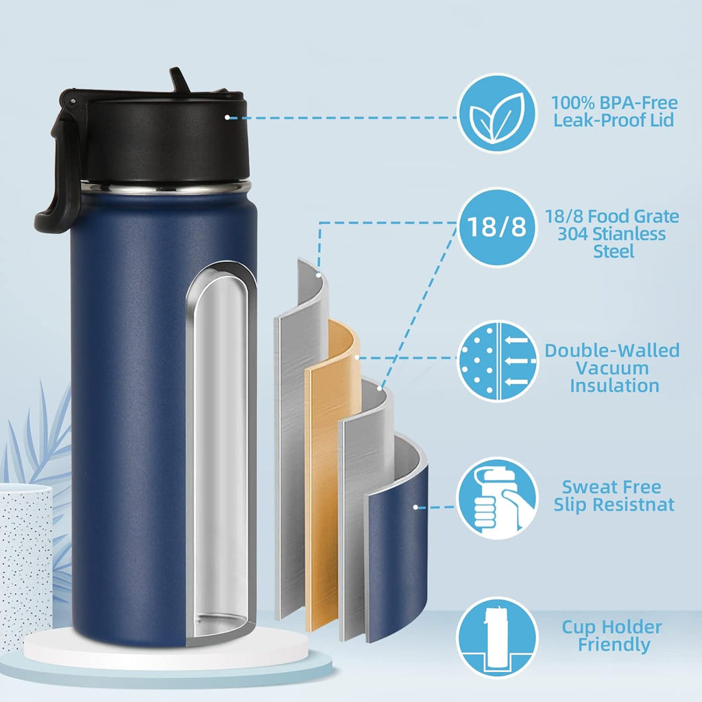 Volhoply 16 OZ Kids Water Bottle Bulk 8 Pack,Insulated Sports Bottles with Straw Lid,Stainless Steel Bottle with Handle Keep Cold & Hot,Double Wall Vacuum Tumbler Cups for School,Girls(Navy, 8)
