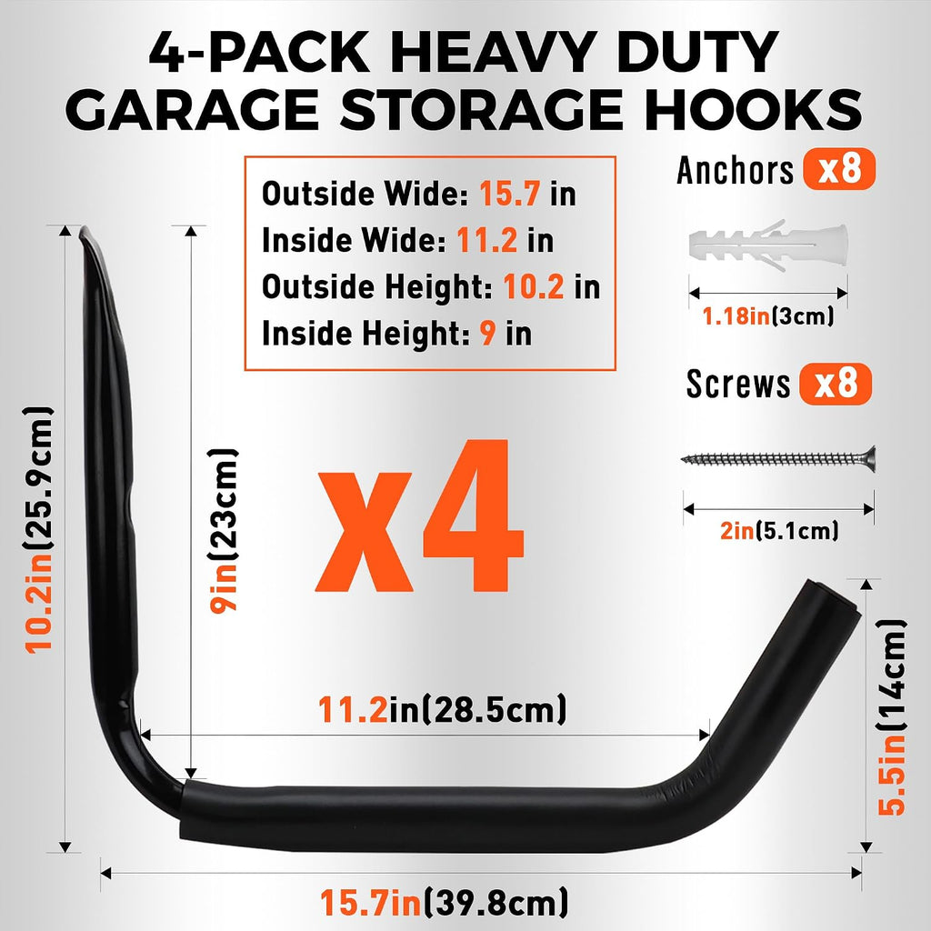 4-Pack Heavy Duty Garage Storage Hooks, 120 LB Capacity Wall Mounted Rack