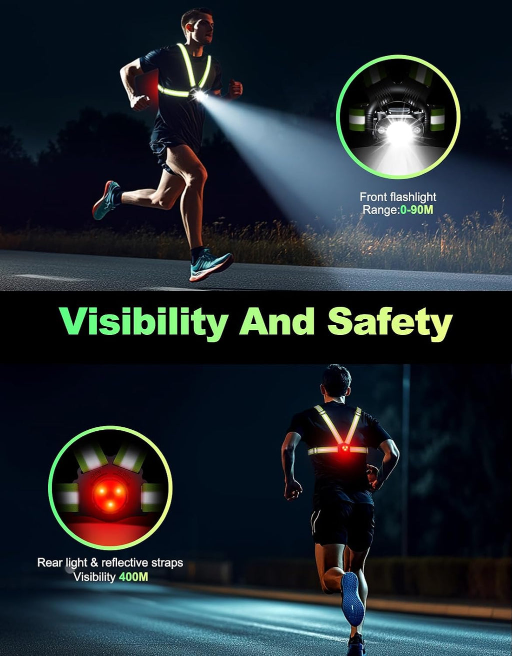 ISEYOU Running Lights for Runners, 500 Lumens Running Light with Rear Light, 45° Adjustable Tilt & IPX4 Waterproof Rechargeable Reflective Vest Gear for Night Walking/Cycling/Jogging/Hiking
