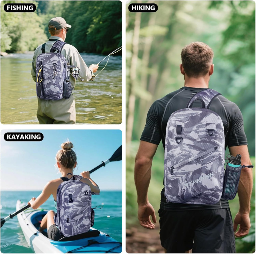 THKFISH IPX8 Waterproof Fishing Backpack with Rod Holder, Lightweight Fishing Sling Bag, Move Freely Fish Gifts for Men