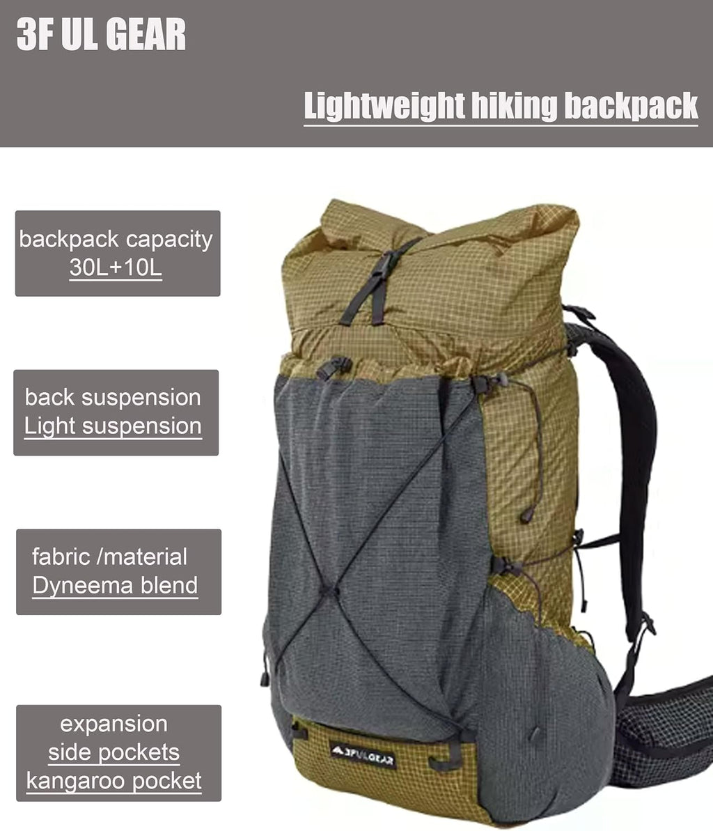 3F UL GEAR 30L+10L UHMWPE Ultralight Waterproof Hiking Backpack Daypack Outdoor Camping Travel Backpack for Men Women (Elegant Black, Large)