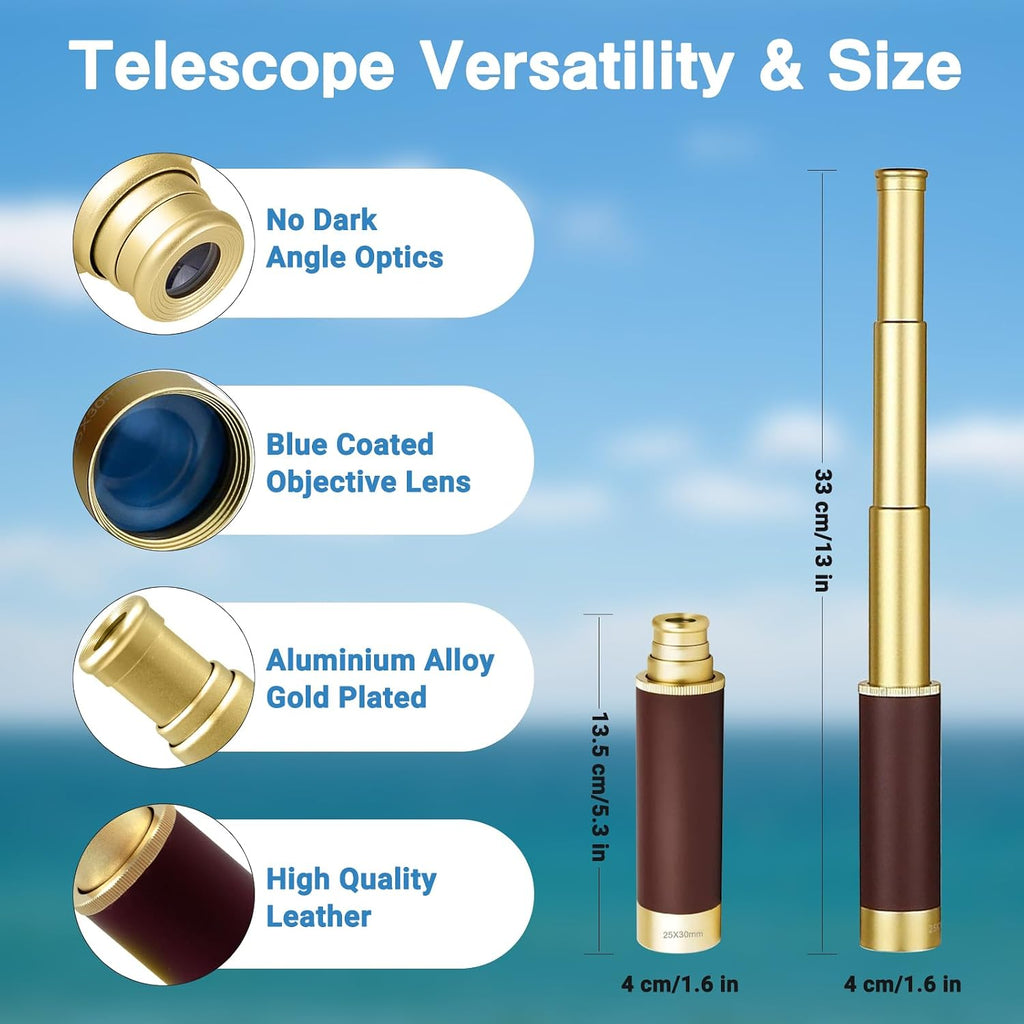 Retro Pirate Telescope Zoomable 25x30 Spyglass Portable Collapsible Handheld Telescope Vintage Monocular for Kids & Survival Gear Compass Pocket Military Compass for Camping Boating
