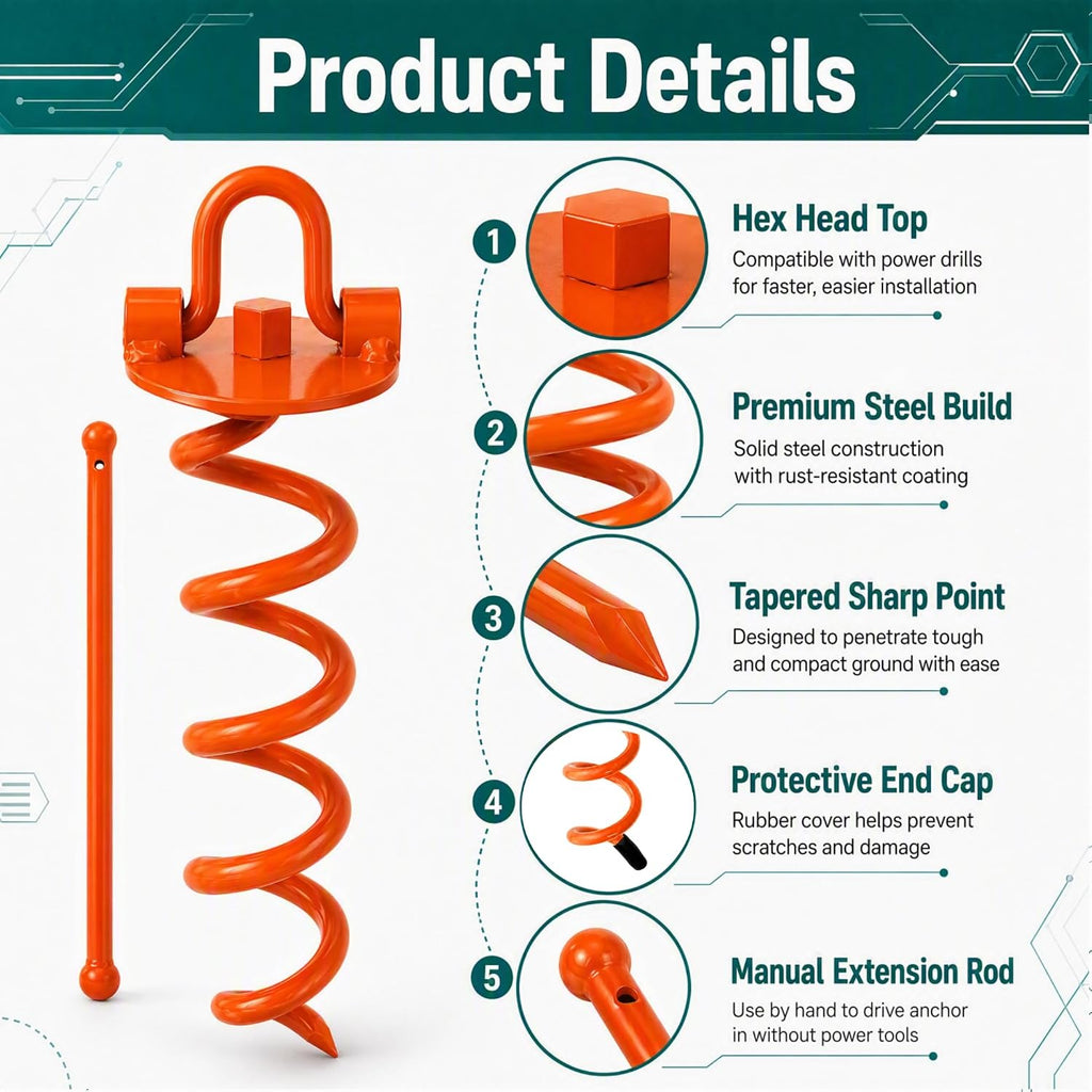 4 Pack Heavy Duty Spiral Ground Anchors with Drill Adapter, 12.4" Screw-in Metal Earth Stakes for Trampolines, Dog Tie Out, Sheds and Tents, Orange