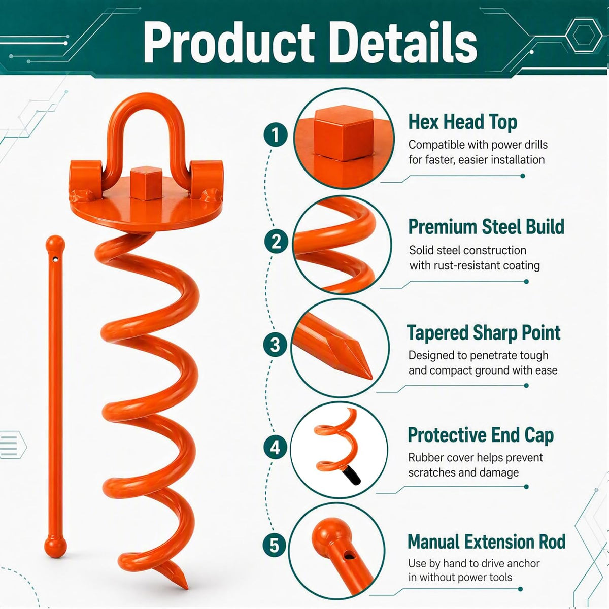 4 Pack Heavy Duty Spiral Ground Anchors with Drill Adapter, 12.4" Screw-in Metal Earth Stakes for Trampolines, Dog Tie Out, Sheds and Tents, Orange
