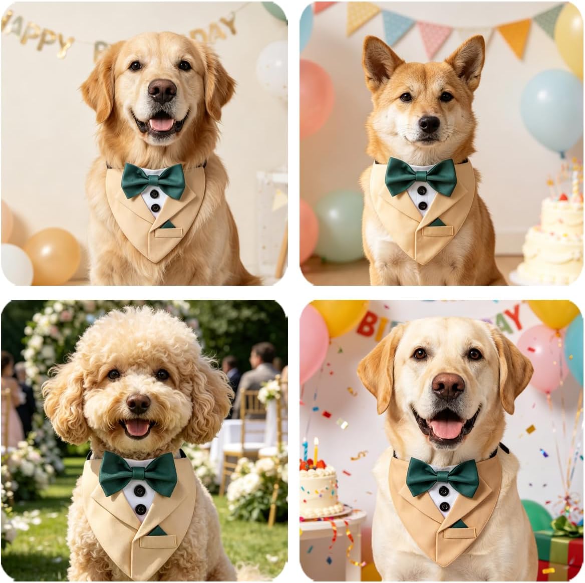 Yellow Dog Bandana with Green Bowtie, Formal Dog Collar Costume, Tuxedo Dog Collar for Wedding Engagement and Birthday (L)