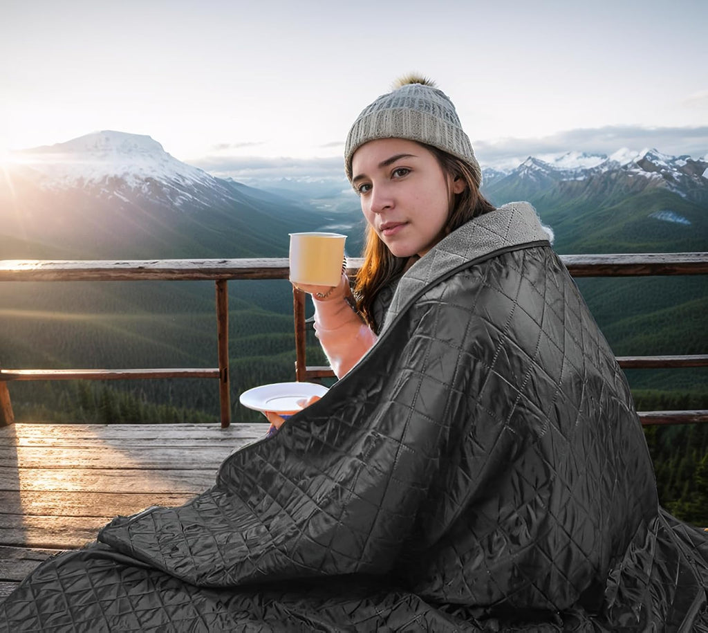Wind Tour Warm Polar Fleece Blanket Picnic Outdoor & Beach, Machine Washable Camping Quilt for Cold Weather, Adventure, Sleeping, Backpacking (Black)