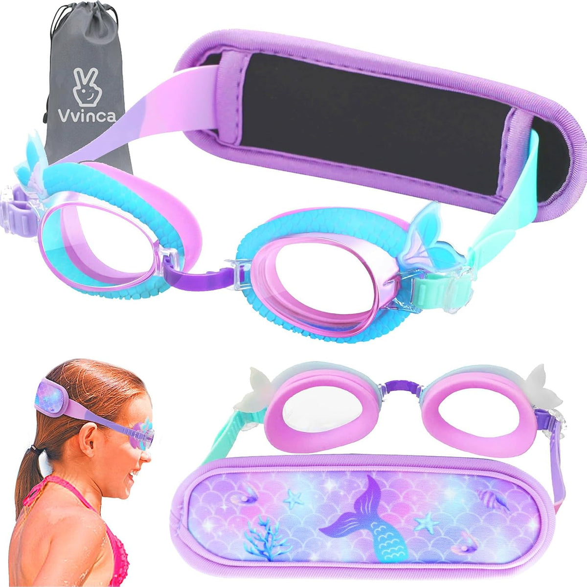 Vvinca Kids Swim Goggles 2-8，Toddler goggles with Fabric Strap No Tangle
