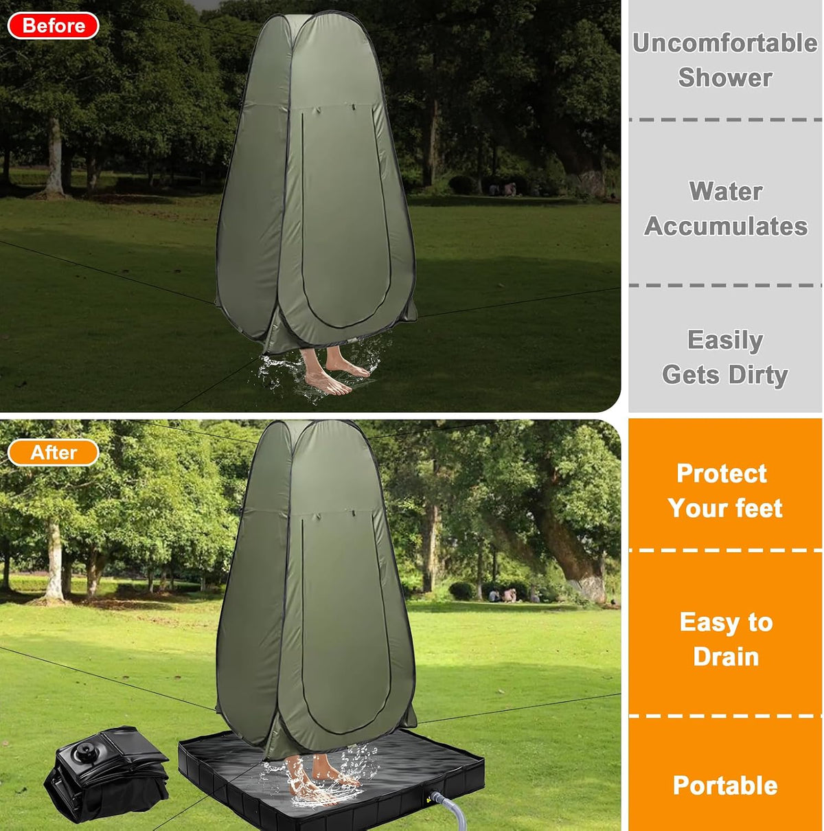 Upgraded Portable Shower Pan 41" x 41" x 5" with Mesh Storage Bag, Foldable Camping Shower Base & Floor with Detachable Drain Pipe Ideal for Camping, RV, Outdoor, Indoor and Portable Shower Stall