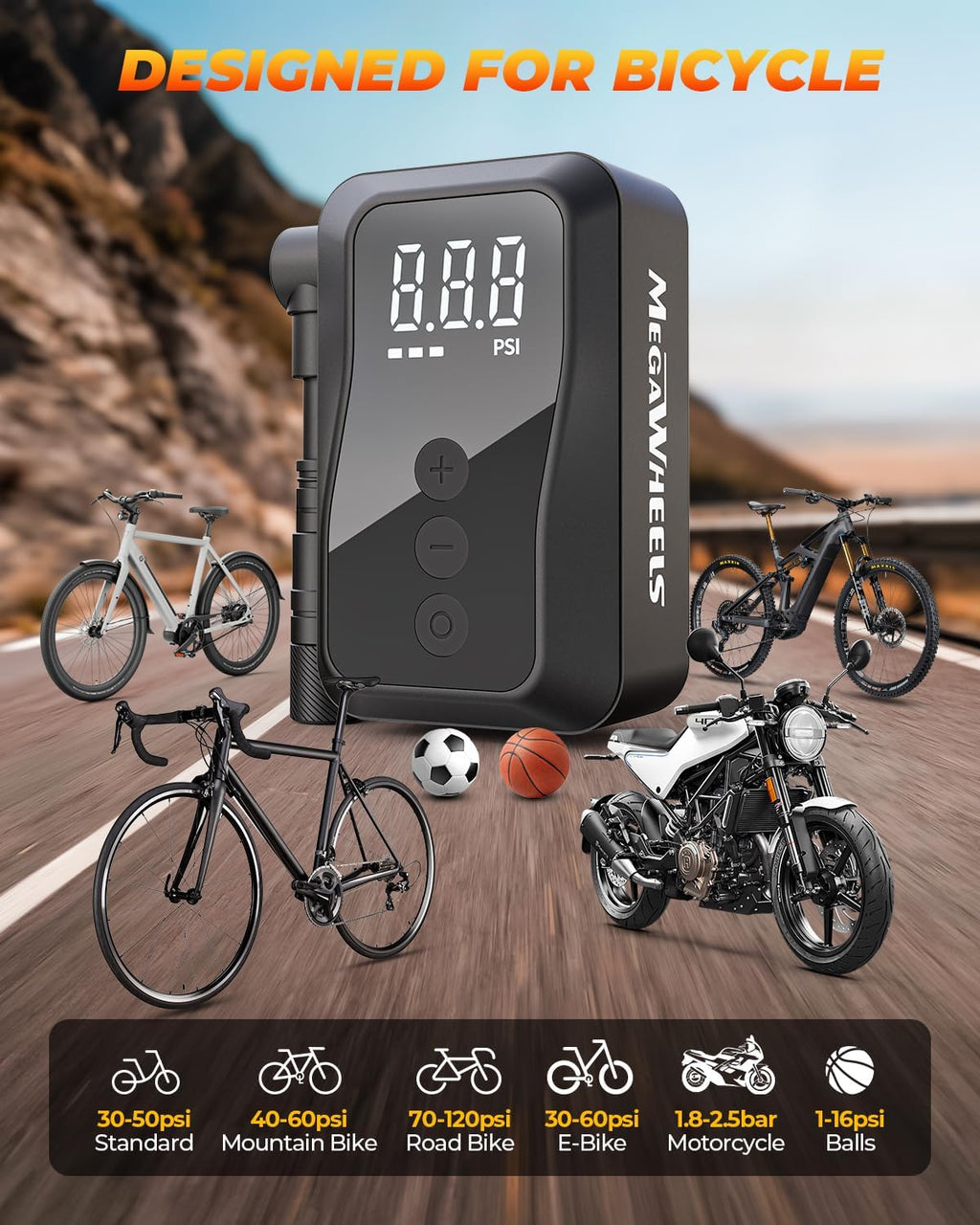 MEGAWHEELS Mini Bike Pump with Gauge, 120/150PSI Bike Tire Inflator with Presta & Schrader Valve, Portable Electric Air Pump Auto Stop, Fast Inflation for E-Bike, Mountain Bike, Scooter, Balls