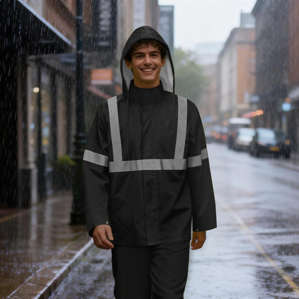 Rain Jacket, High Visibility Rain Coat, Waterproof Raincoat with Hood, Lightweight Rain Suit for Outdoor Activities, Rain Ponchos for Adults Reusable, Men Women, Black T, S-M