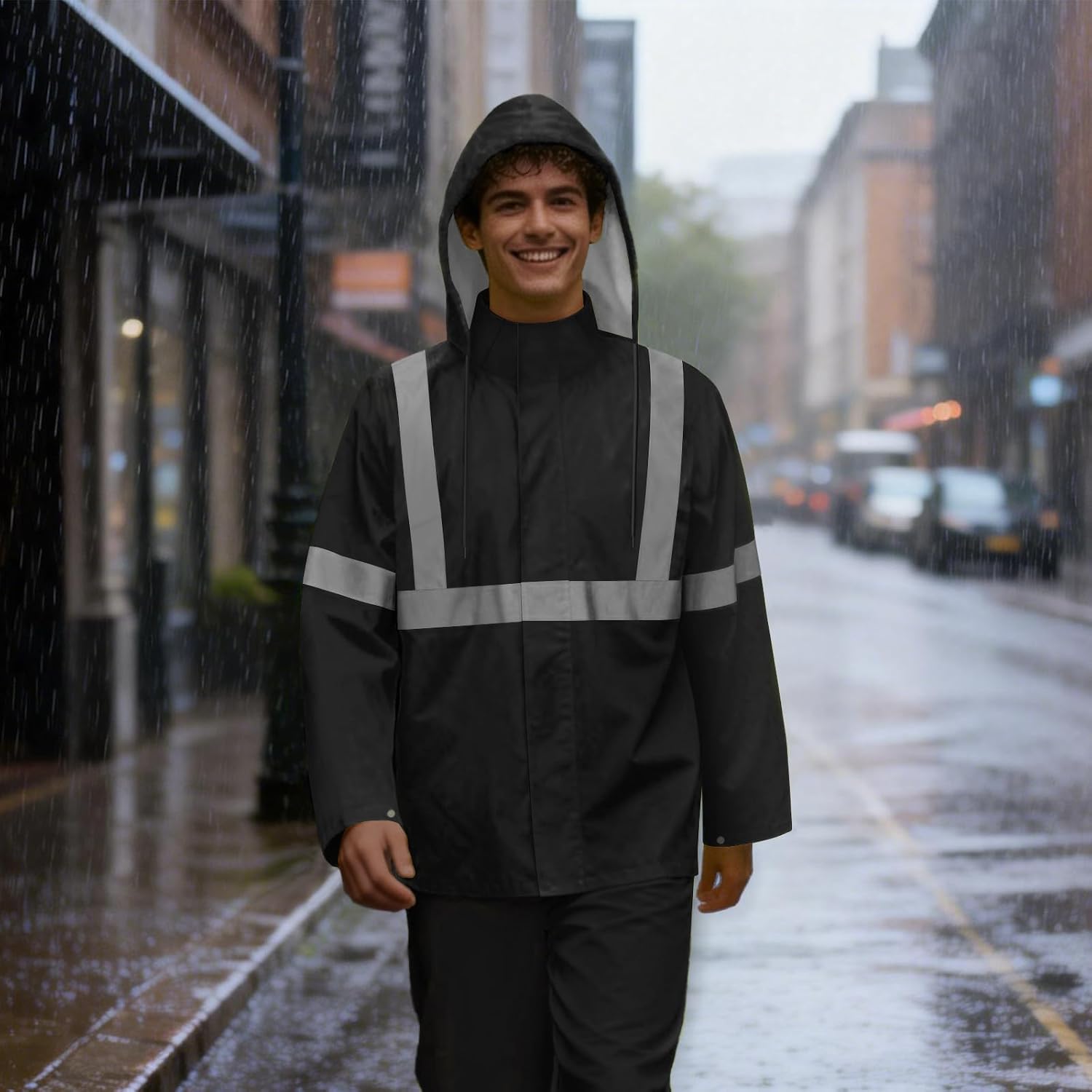 Rain Jacket, High Visibility Rain Coat, Waterproof Raincoat with Hood, Lightweight Rain Suit for Outdoor Activities, Rain Ponchos for Adults Reusable, Men Women, Black T, S-M