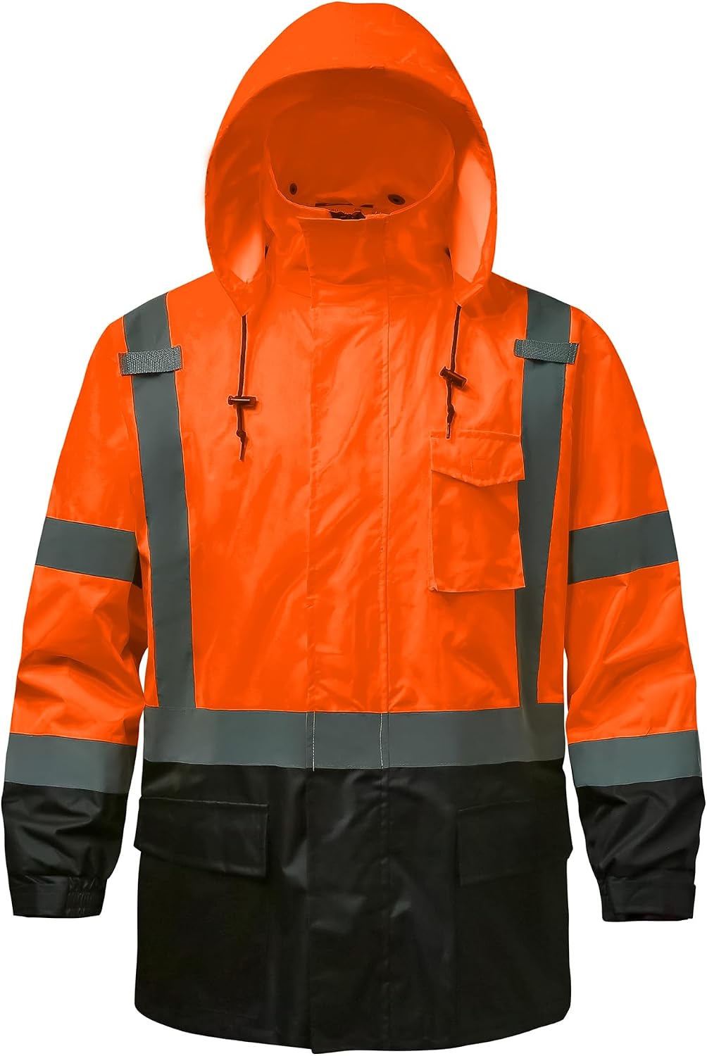 Reflective Rain jackets for men waterproof,Hi Vis Safety Coat With Reflective Strips，High Visibility Class 3 Rain jackets With 2 large pockets，Zipper,Black Bottom Orange,SM/MD