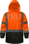 Reflective Rain jackets for men waterproof,Hi Vis Safety Coat With Reflective Strips，High Visibility Class 3 Rain jackets With 2 large pockets，Zipper,Black Bottom Orange,4XL/5XL