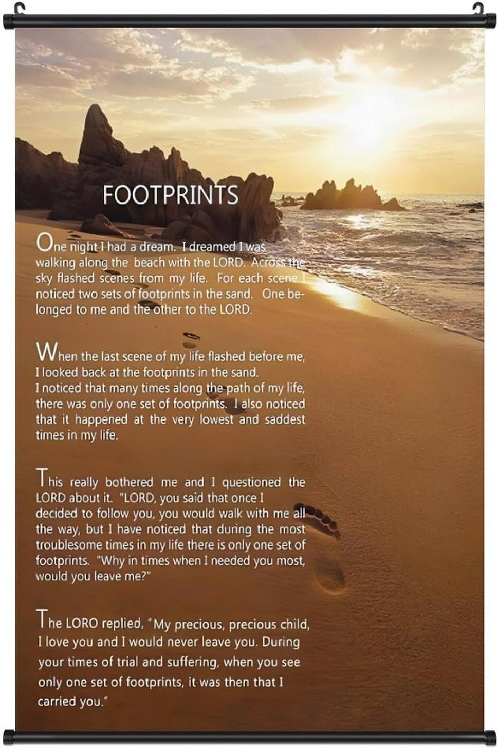 Footprints in the Sand Religious Canvas Wall Art Posters, Inspirational Beach Sunset Poem Print Poster (Black Axis 24x36inch, Footprints(2))