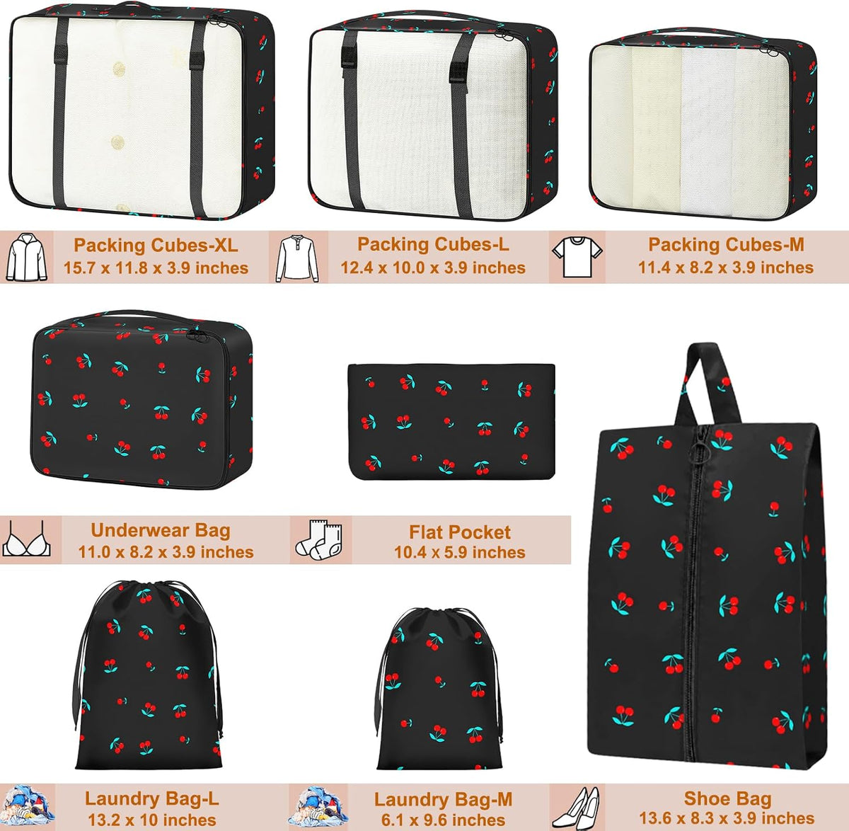 Packing Cubes for Travel 8 Set Luggage Organizer Bags Black Cherry
