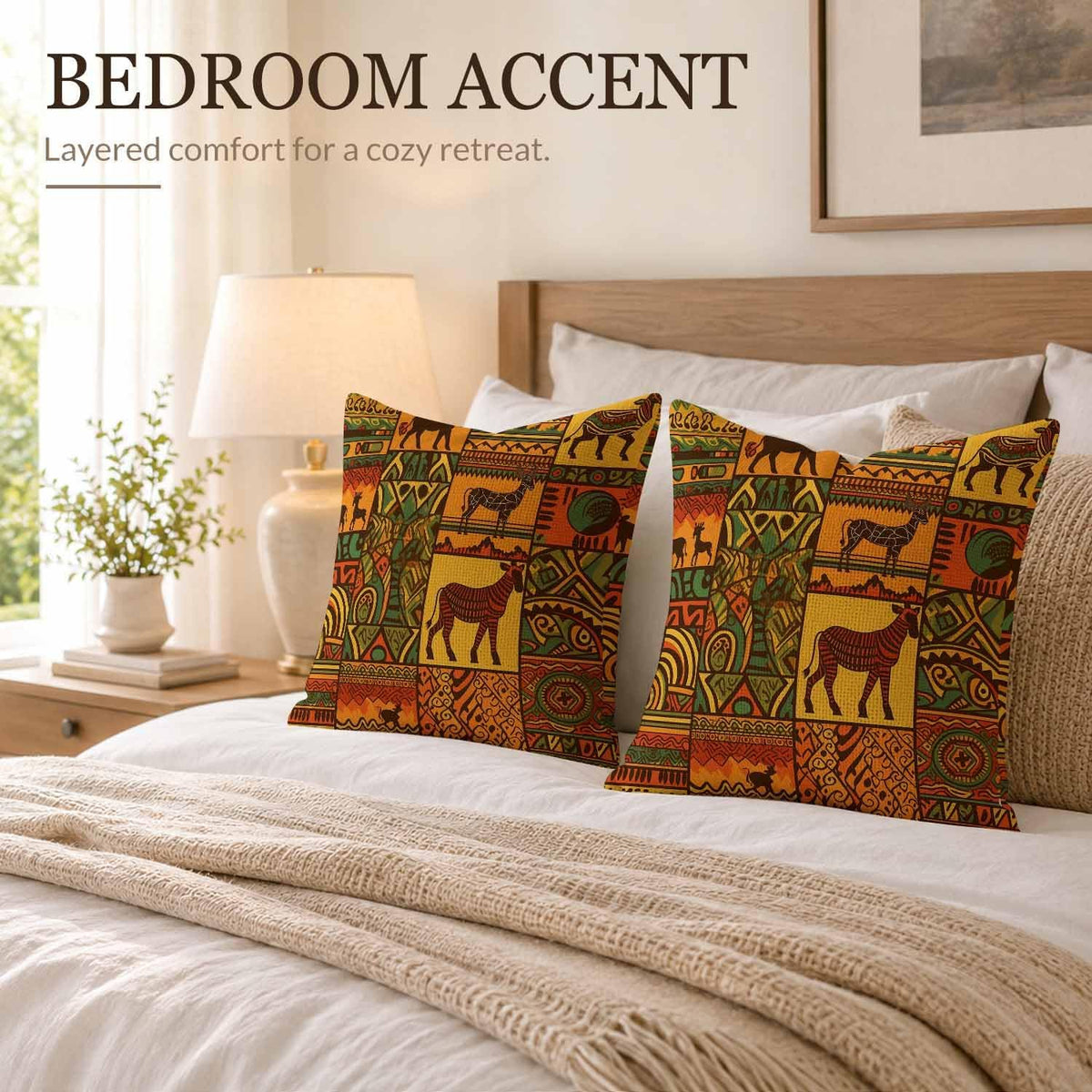 African Pattern Throw Pillow Covers Tribal Elements with Animal Silhouettes Throw Pillow Covers 18"x 18" Set of 2 for Living Room Couch Bed Sofa Home Decor Soft Cushion Case