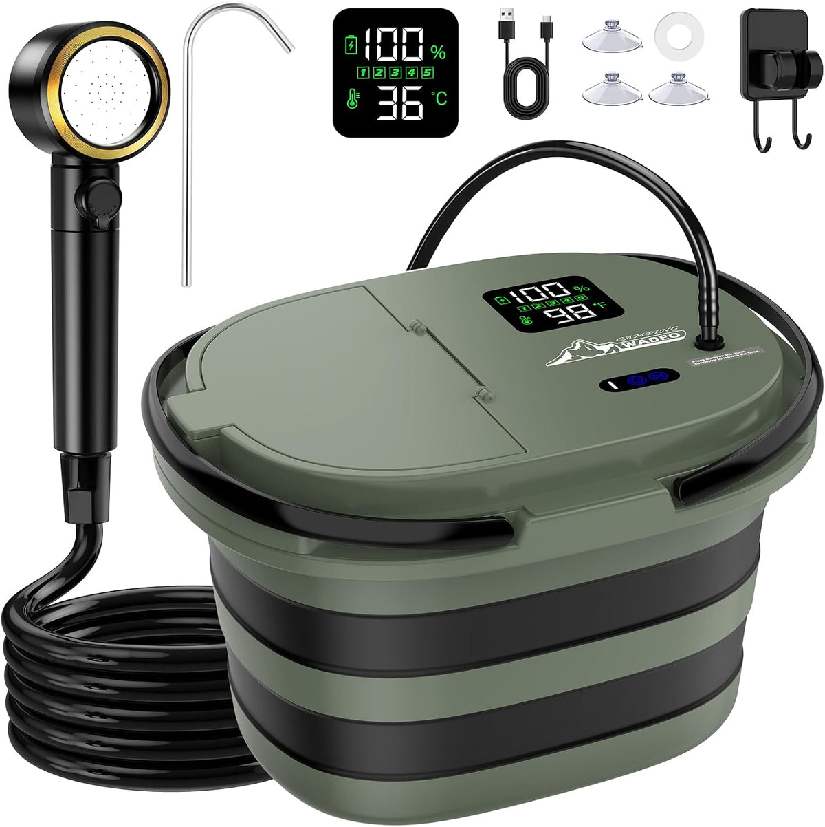 WADEO Portable Shower for Camping with 20L Bucket, 13000mAh Rechargeable