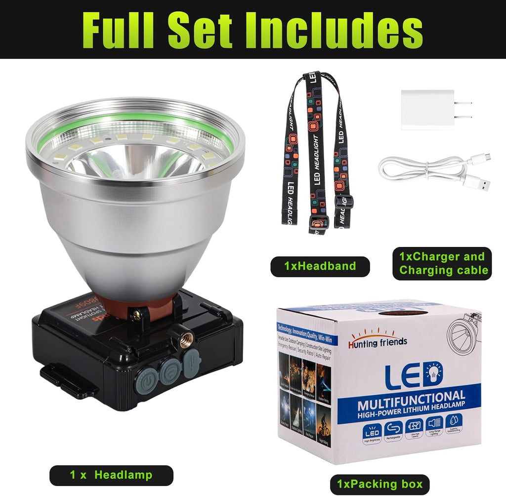 Rechargeable LED Headlamp with Flood and Spot Beam, Power Display, 4 Lighting Modes, Ultra Bright High Lumen Waterproof Head Torch for Camping, Running, Hiking, Fishing, Hunting, Outdoor Activities