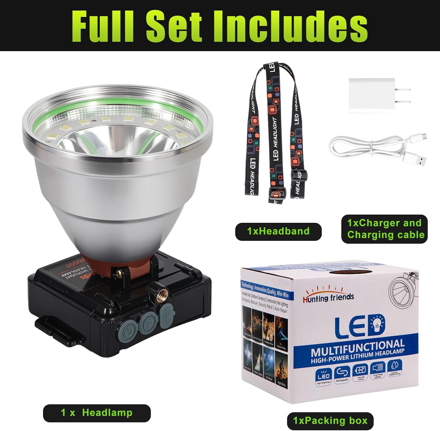 Rechargeable LED Headlamp with Flood and Spot Beam, Power Display, 4 Lighting Modes, Ultra Bright High Lumen Waterproof Head Torch for Camping, Running, Hiking, Fishing, Hunting, Outdoor Activities